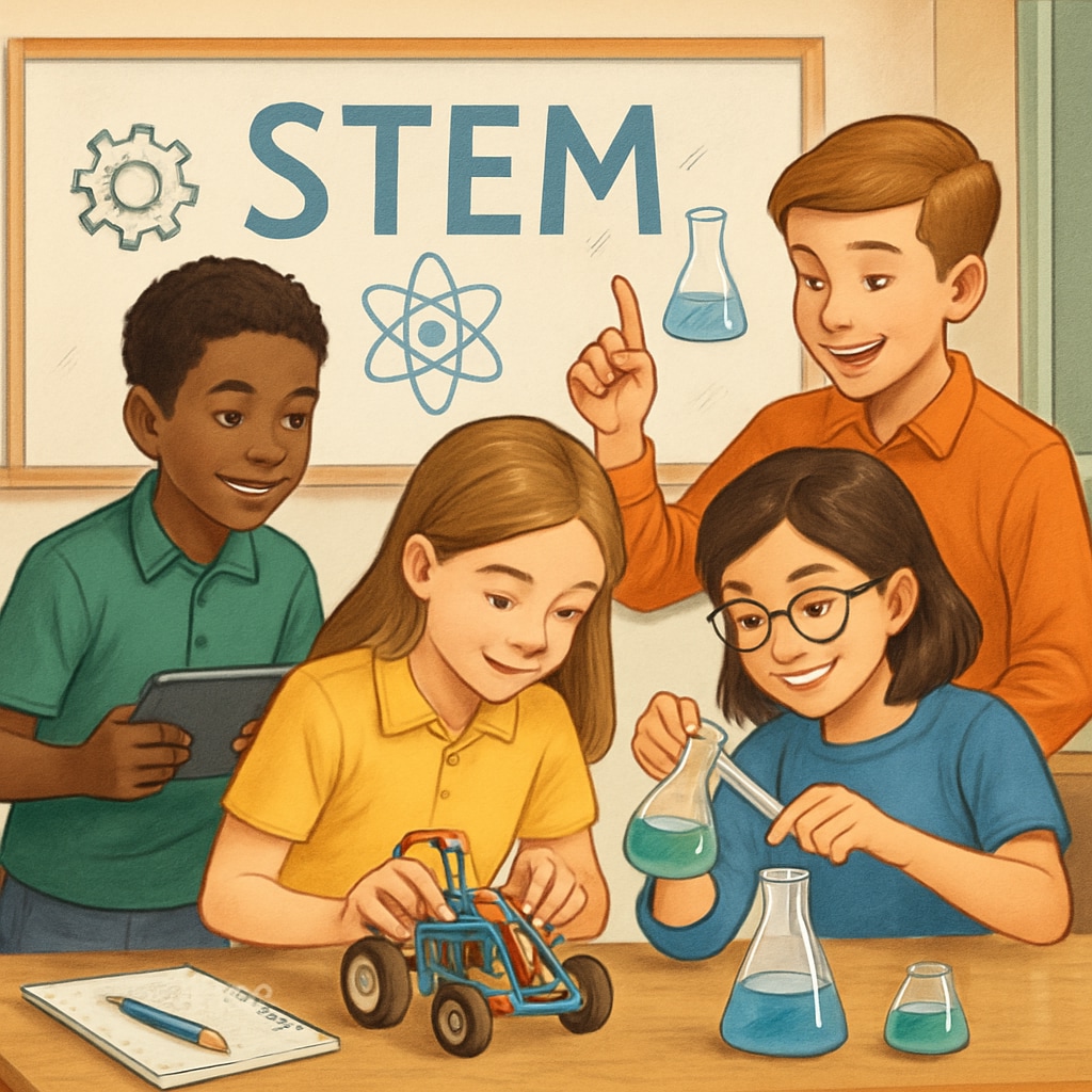 A group of students engaged in a STEM activity, representing innovative educational programs in public schools Students participating in STEM activities, showcasing public school innovation