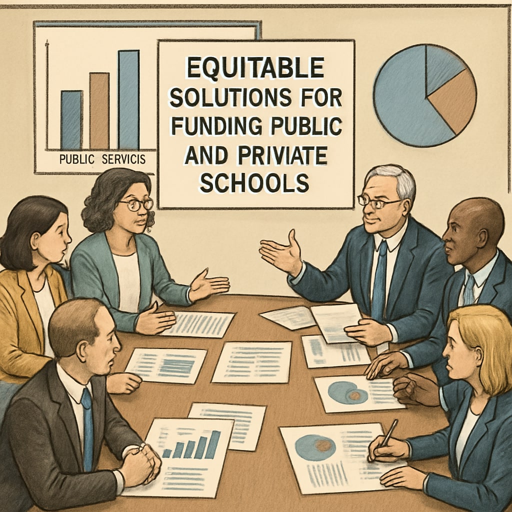A policy meeting with educators and lawmakers discussing equitable solutions for funding public and private schools. Policy meeting addressing equitable funding for voucher programs and public schools