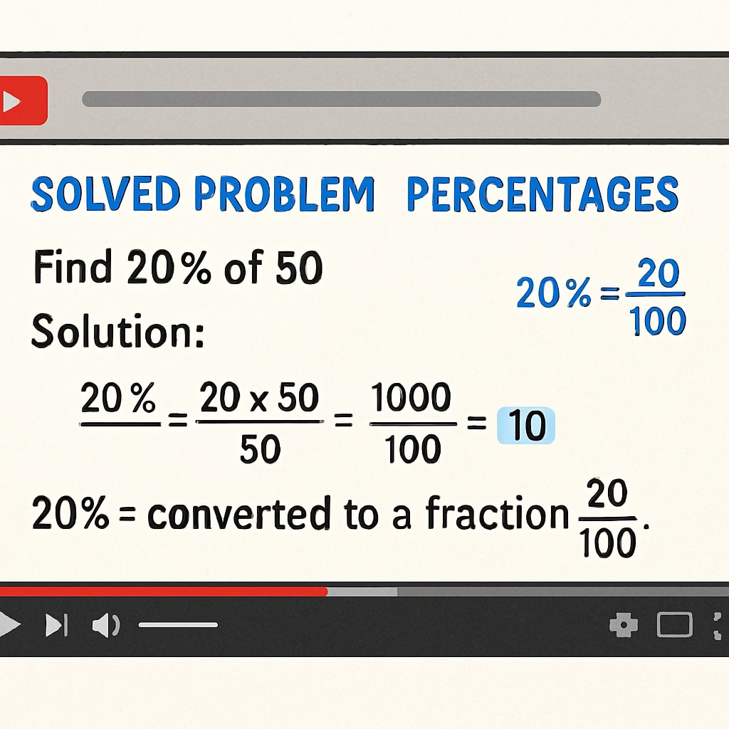 A screenshot of a YouTube math tutorial video, showing a solved problem on percentages. YouTube tutorial explaining percentages for math ability tests during campus recruitment.
