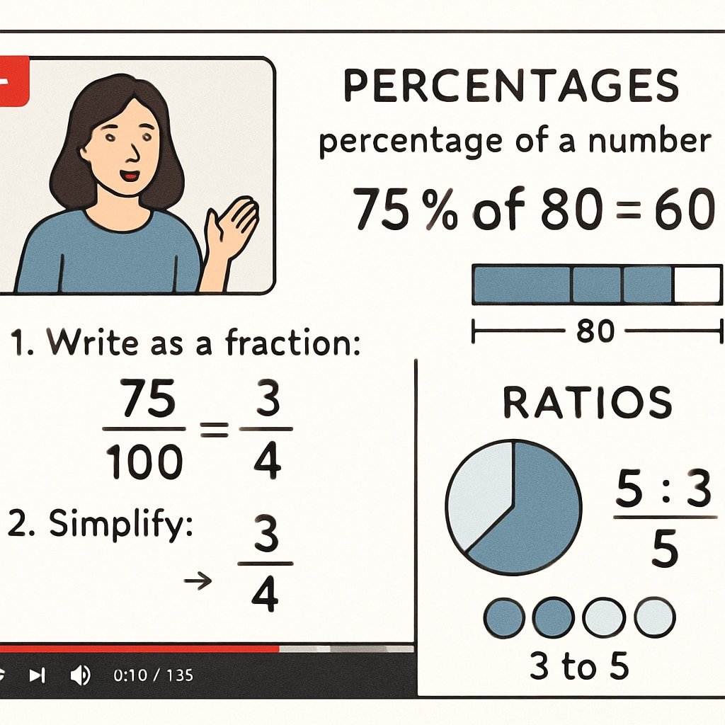 A screenshot of a YouTube math tutorial explaining percentages and ratios, with clear visuals and step-by-step instructions. Math aptitude test preparation video tutorial explaining percentages and ratios.