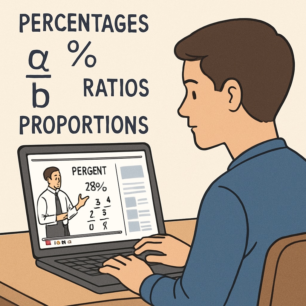 A student studying math concepts like percentages, ratios, and proportions on a laptop while watching a YouTube tutorial. Student learning math concepts for campus recruitment using YouTube.