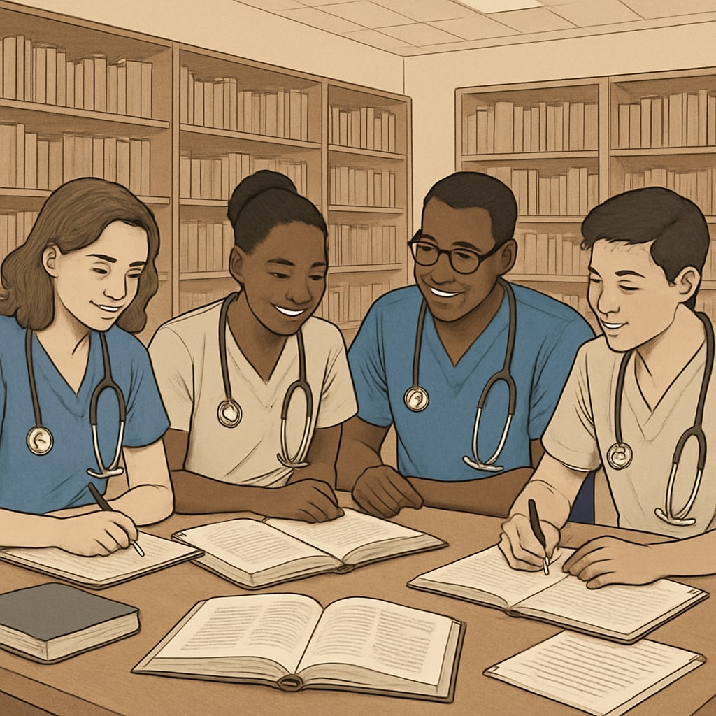 Nursing students studying in a library, emphasizing academic goals and social life balance.