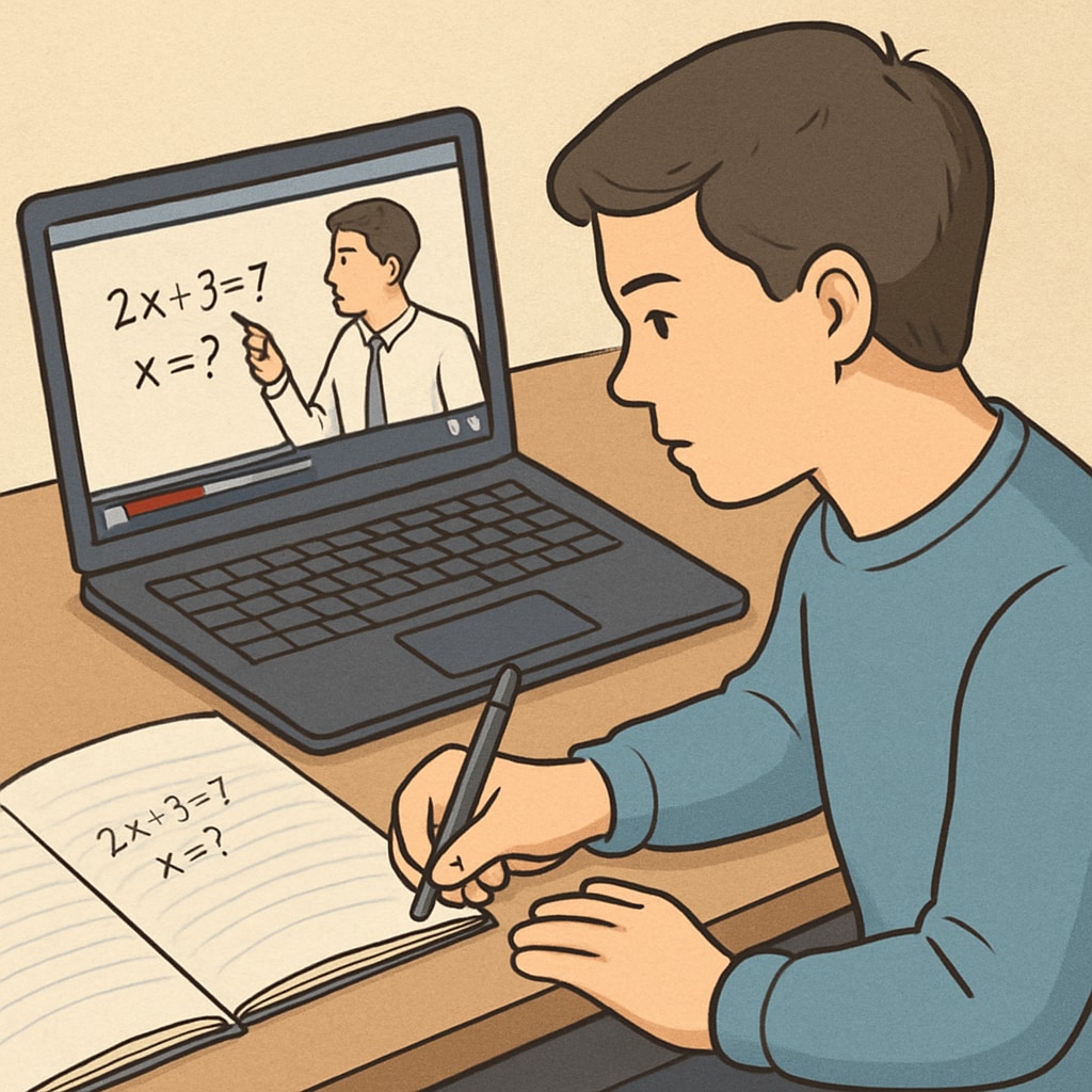 A student working on a math problem using a laptop, with a notebook and YouTube tutorial open side-by-side. Student preparing for math aptitude tests with a YouTube tutorial and notes.