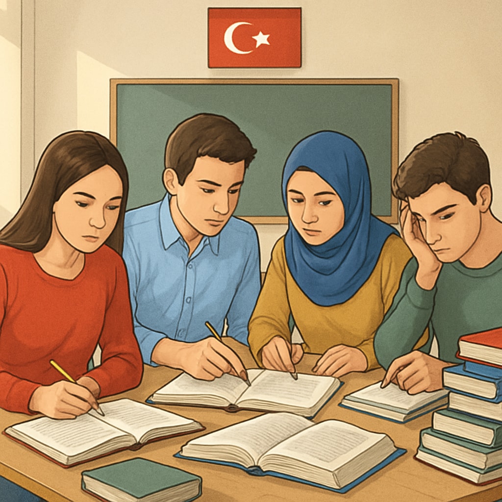 A classroom of Turkish students preparing for a national exam, reflecting the high-pressure environment. Turkish students in an exam-focused classroom, highlighting educational pressure.