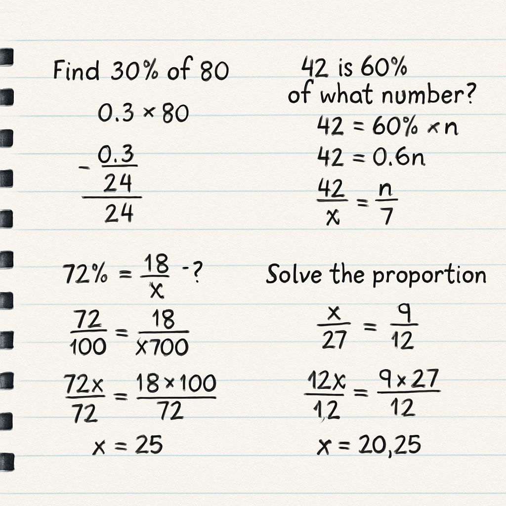 A notebook with math problems being solved step-by-step, showing progress in mastering topics like percentages and proportions. Notebook showing step-by-step solutions to math problems for test preparation.
