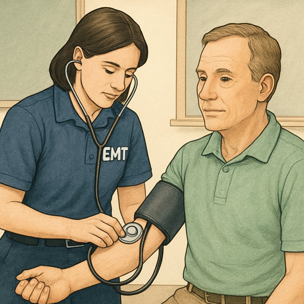 EMT performing a check-up, highlighting practical healthcare skills valuable for nursing students.