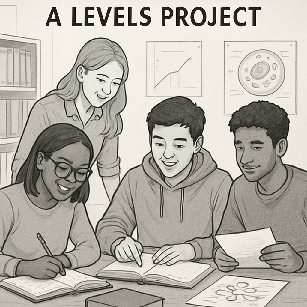 A diverse group of UK students collaborating on an A Levels project, showcasing a flexible and interactive learning environment. UK students working on an A Levels project, representing flexibility in education.