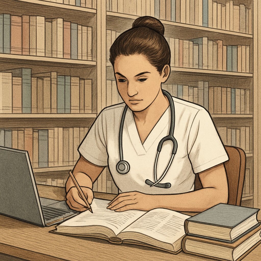 Nursing student studying in a library.