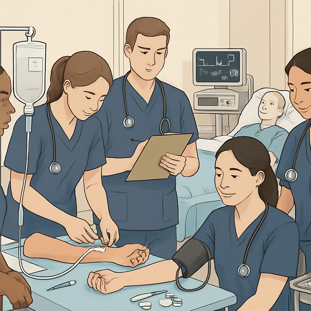 Nursing students participating in a clinical skills workshop, representing hands-on learning in nursing programs. Nursing students practicing clinical skills in a workshop.