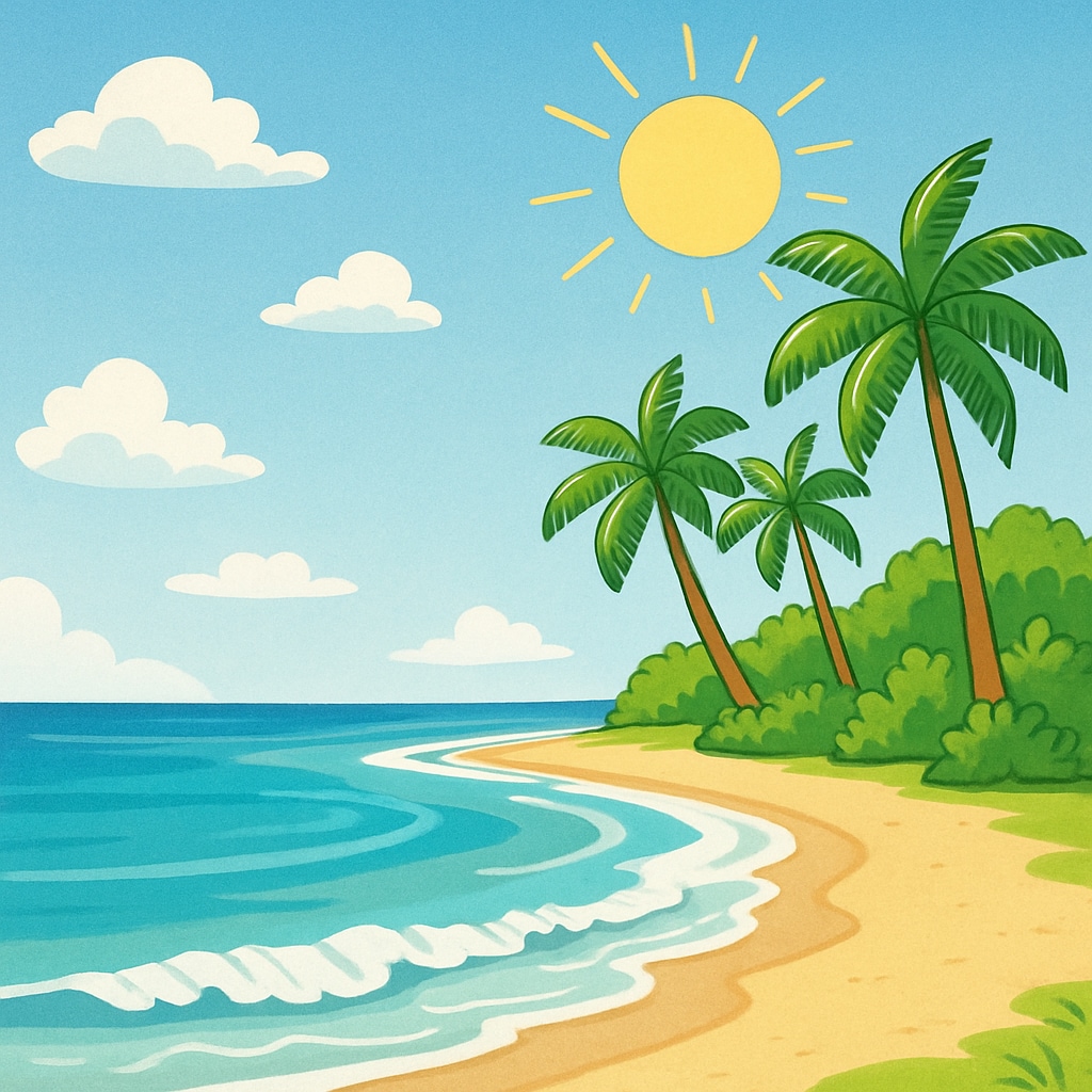 A vibrant short video screenshot showcasing a popular travel destination, such as a tropical beach with clear blue water and palm trees. Short video of a tropical beach influencing tourism decision-making.