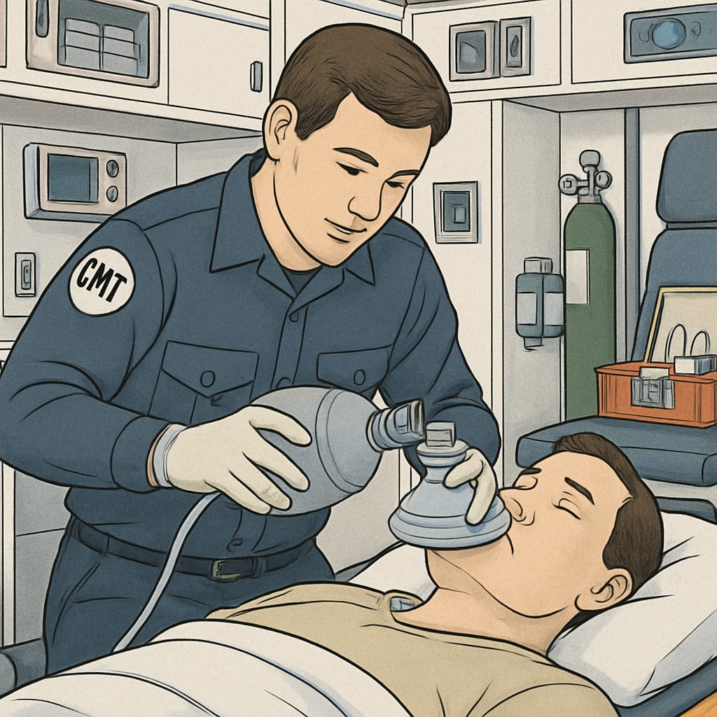 EMT providing first aid in an ambulance.