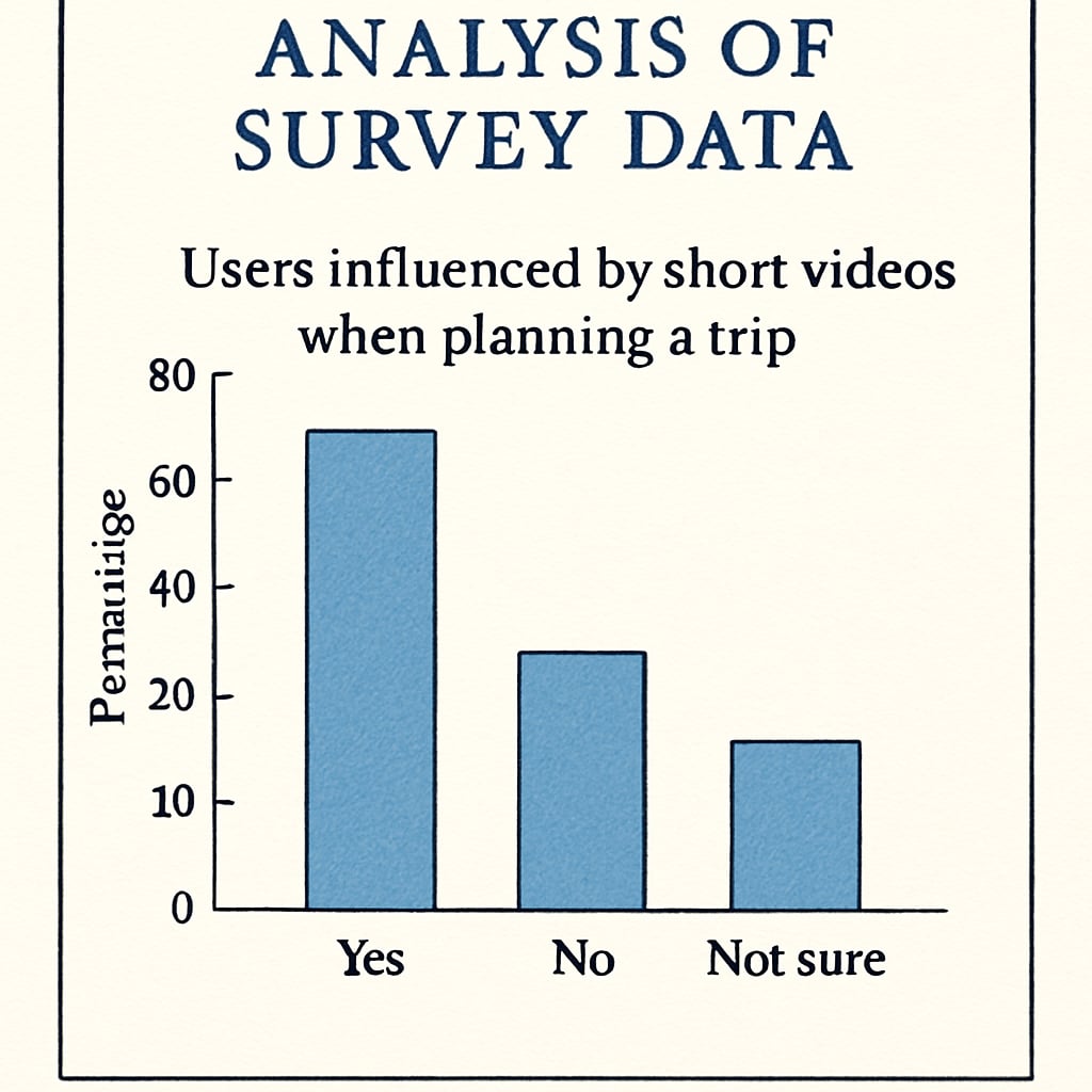 A visual representation of survey data being analyzed, such as a bar graph showing the percentage of users influenced by short videos when planning a trip. Data analysis graph showing the impact of short videos on travel decisions.