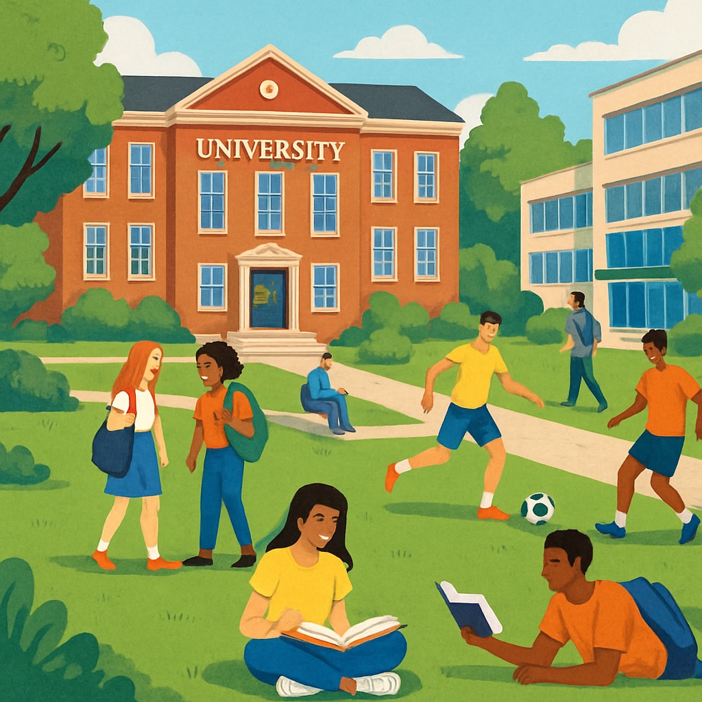 A vibrant university campus with students enjoying outdoor activities, symbolizing the balance between academics and social life. University campus with students engaging in outdoor activities.