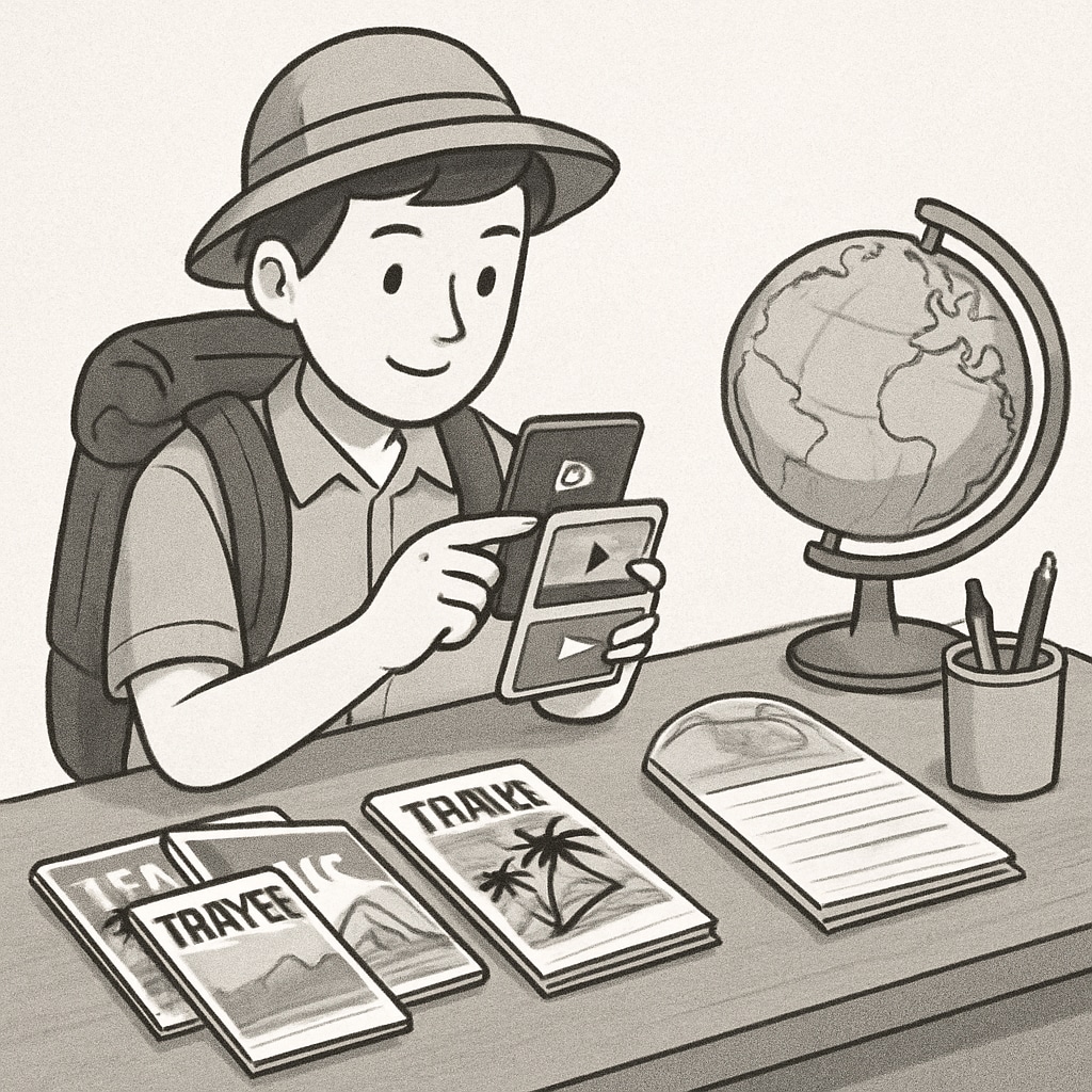 A vibrant image depicting a young traveler watching short videos on their smartphone, surrounded by travel brochures and a globe. Young traveler influenced by short video tourism, watching videos to plan their next trip.
