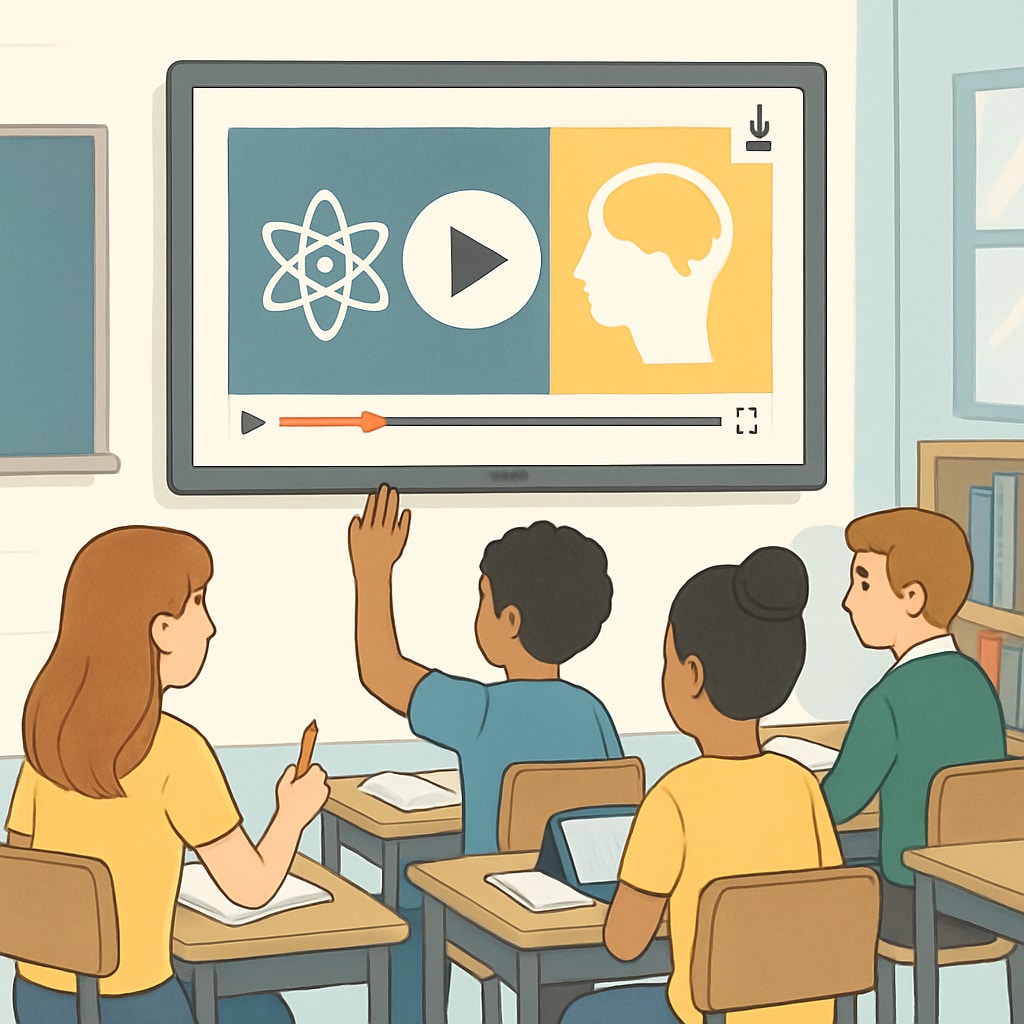A classroom setting where students are actively engaged with short educational videos on a large screen, highlighting modern learning methods. K12 students learning through short videos in a modern classroom environment.