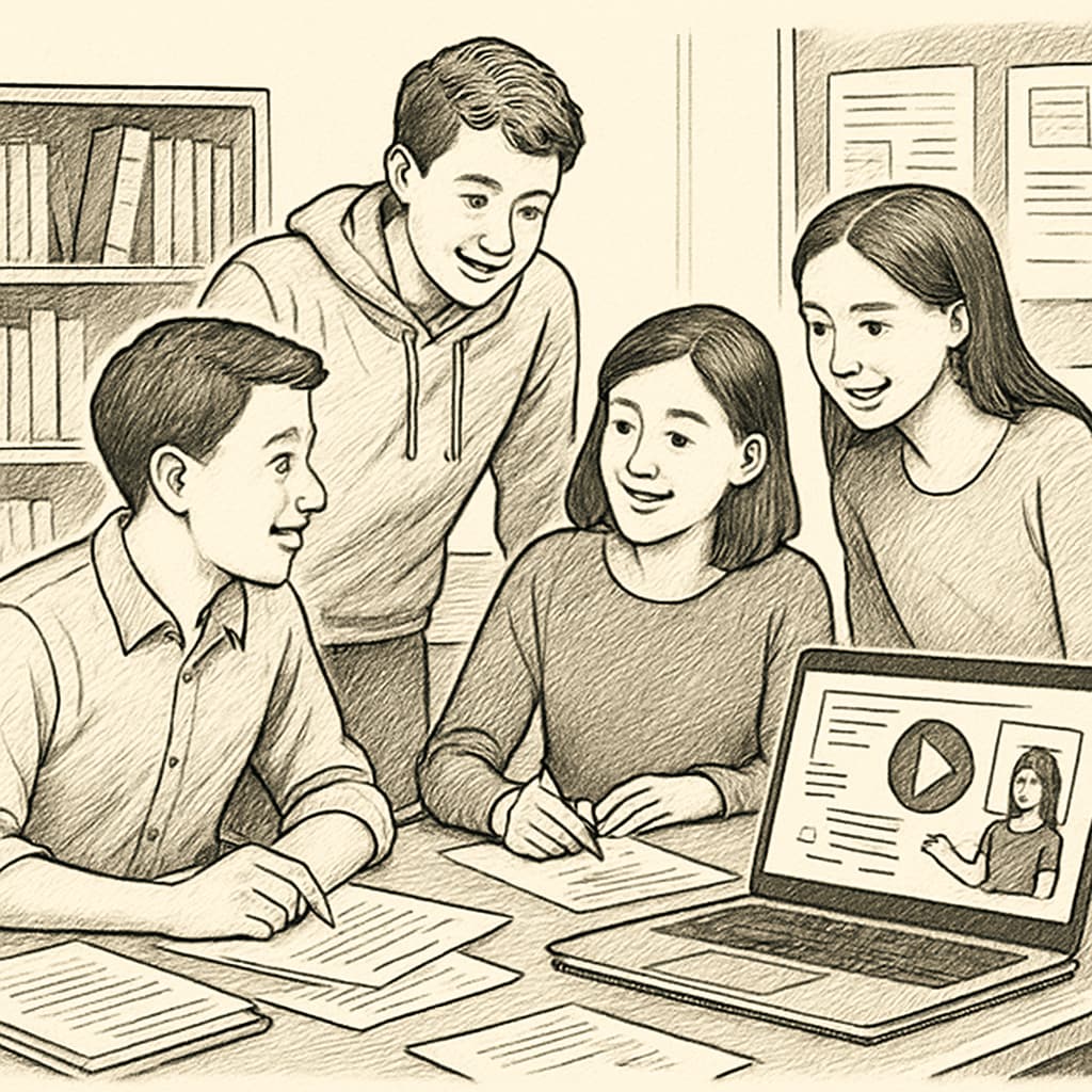 Students collaborating on a project inspired by educational short video content. The image shows a group of students discussing and working on a project in a classroom setting, with a laptop nearby. Collaboration inspired by short video content