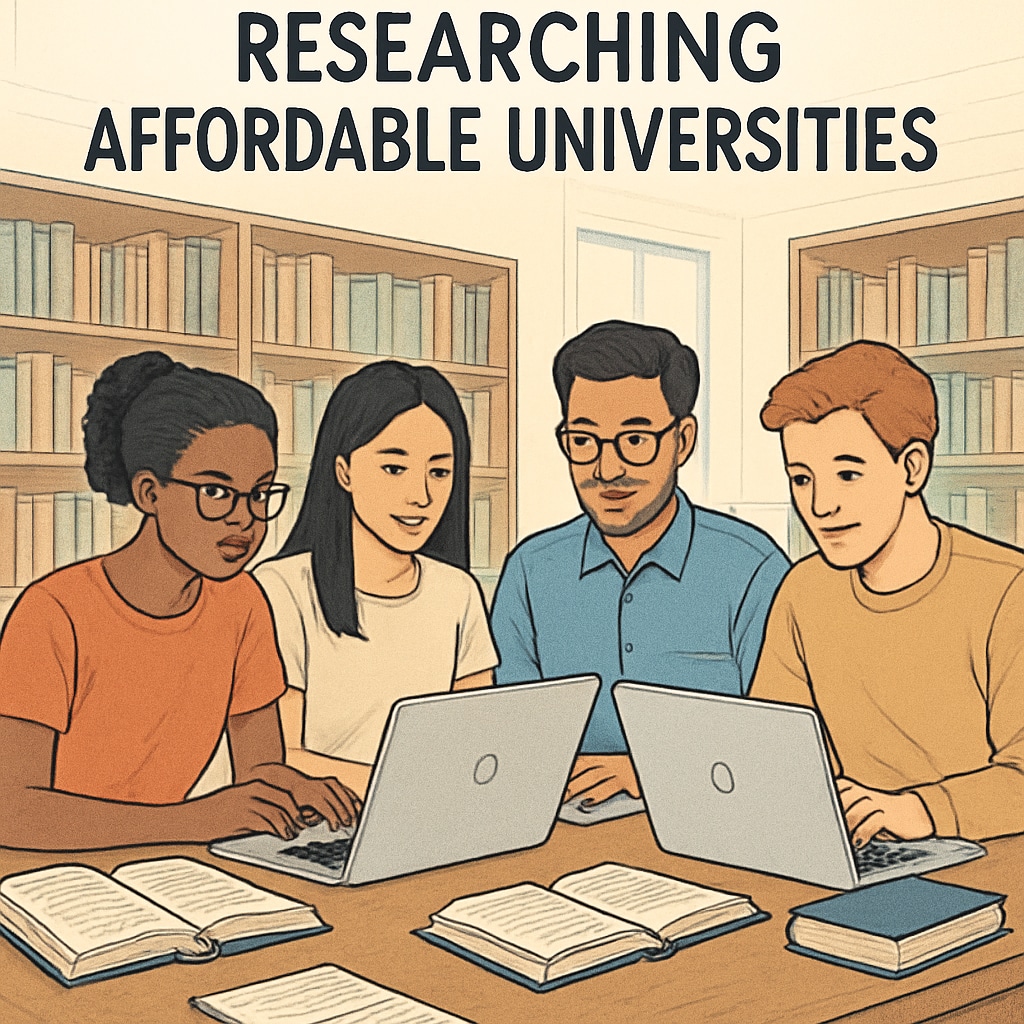 Students researching affordable AS-level university options in a library.