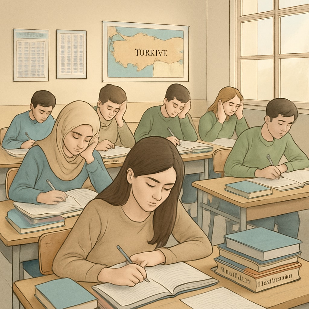 A classroom environment in Turkey with students preparing for exams, illustrating the challenges of an exam-driven education system. Students in Turkey preparing for exams in a classroom setting, highlighting the impact of exam-driven education.