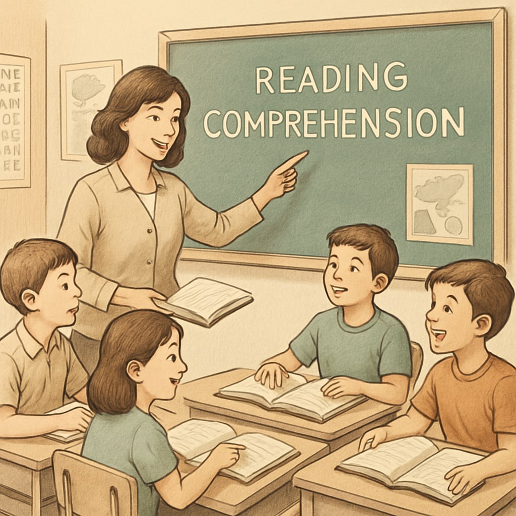 A teacher guiding a group of students through a reading comprehension exercise, showcasing active participation and engagement in a classroom setting. Teacher guiding students through reading comprehension exercise.