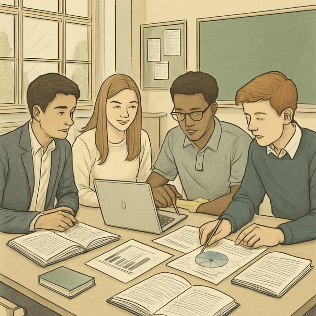 Students in the UK collaborating on a group project, showcasing the innovative and research-focused A Levels learning environment. UK students working together on a group project, demonstrating the collaborative and research-focused aspects of A Levels.