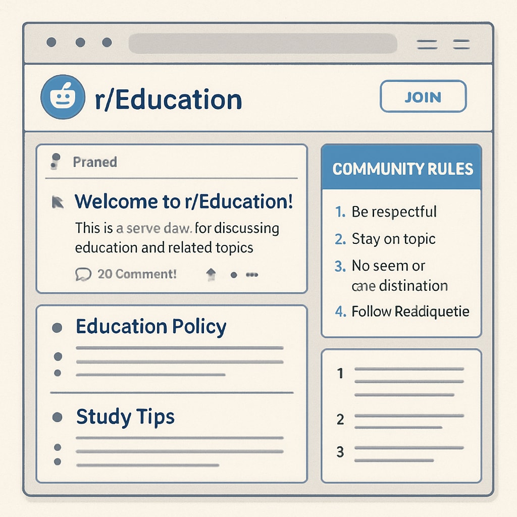 A screenshot of a Reddit subreddit focused on education topics with visible community rules and pinned posts. Screenshot of Reddit education subreddit with community rules and pinned posts.