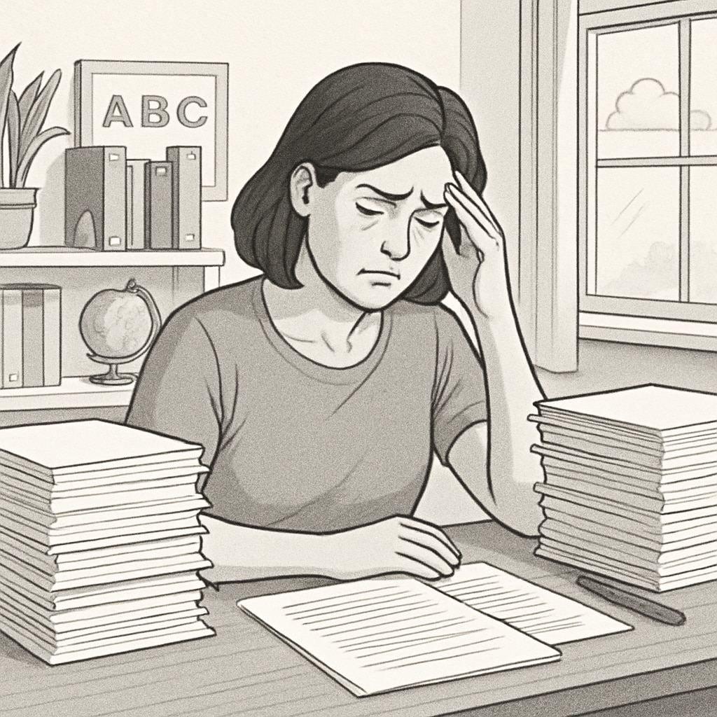 A frustrated mother sitting at a desk filled with paperwork, representing the bureaucratic challenges in special needs education transfers. A mother surrounded by school transfer documents, symbolizing the challenges in special needs education.