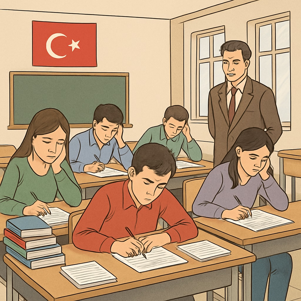 A classroom in Turkey where students are seen intensely preparing for centralized exams, showcasing the high-stakes atmosphere. Turkish students preparing for centralized exams, highlighting exam pressure.