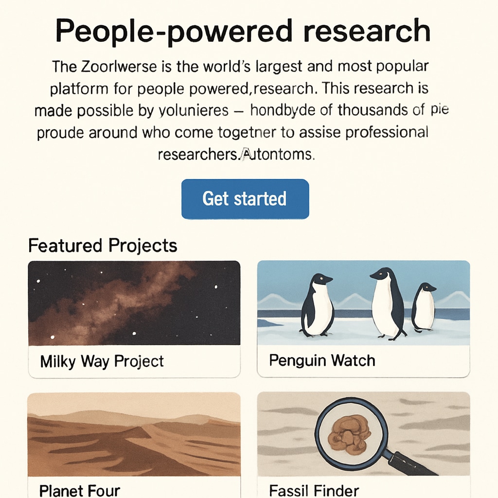 A screenshot of Zooniverse’s homepage showcasing various citizen science projects. Zooniverse homepage displaying a variety of scientific research projects.