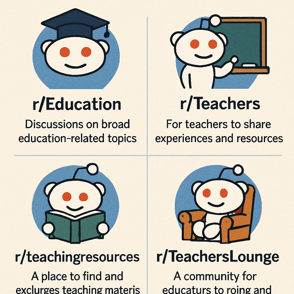 A collage of subreddit logos like r/Education and r/Teachers with brief descriptions of their focus areas. Collage of subreddit logos for education-focused communities on Reddit.