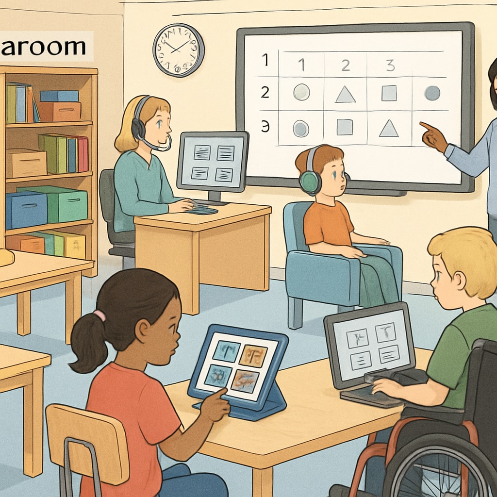 A classroom with adaptive learning tools and technologies designed to support children with special needs, emphasizing the importance of resource availability. A classroom equipped with tools for special needs education, highlighting resource accessibility.