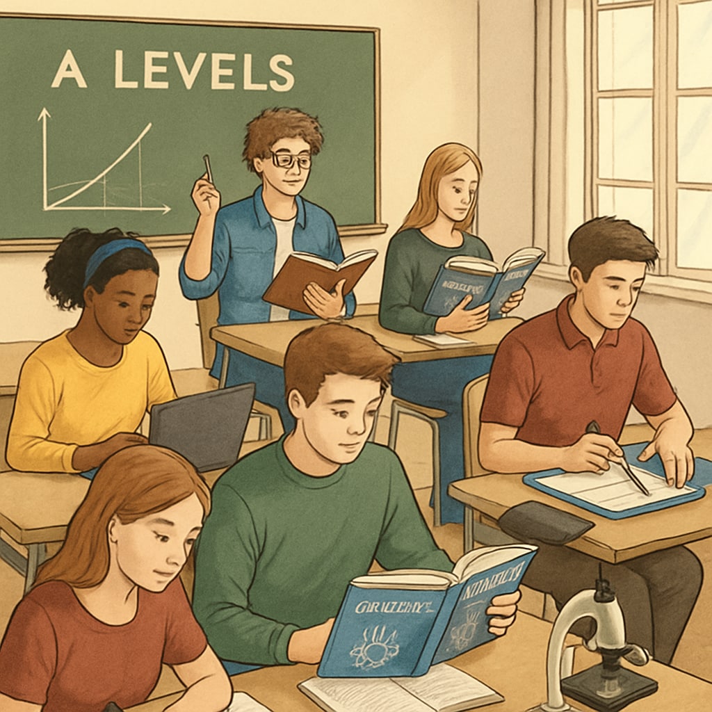 A UK classroom where students are actively engaged in their chosen A Levels subjects, demonstrating personalized learning. UK students engaged in A Levels coursework, emphasizing tailored education.