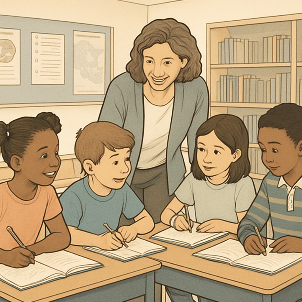 A diverse group of elementary students engaged in a classroom activity, reflecting an inclusive and positive teaching environment. Diverse students in an elementary classroom, showing inclusivity and engagement.