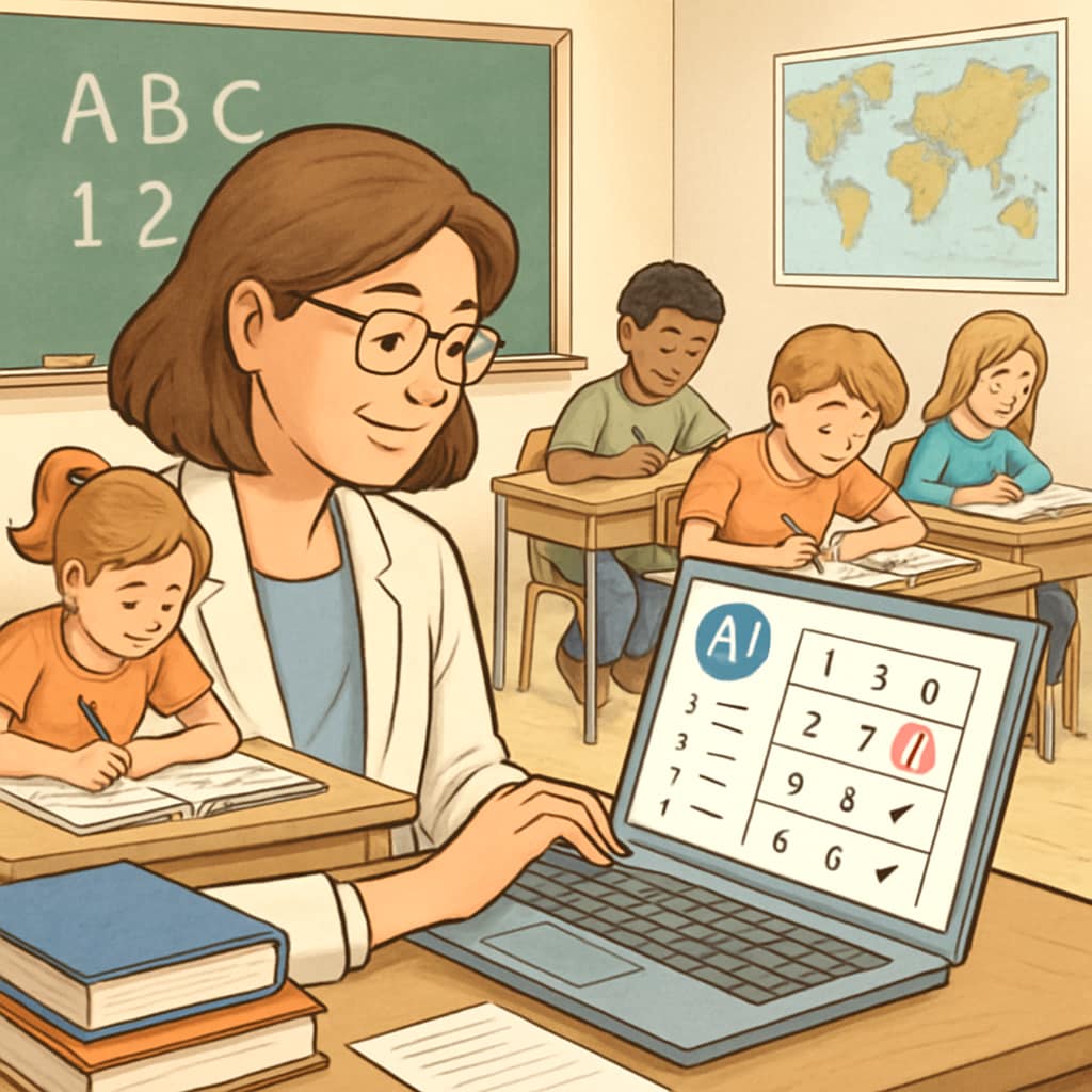 A teacher using an AI-powered grading tool on a laptop in the classroom. Teacher using an AI grading tool to reduce workload and improve education efficiency.