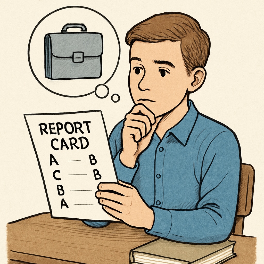 A student sitting at a desk looking at a report card with a thoughtful expression, symbolizing reflection on GCSE results and future career prospects. Student reflecting on GCSE results and career prospects