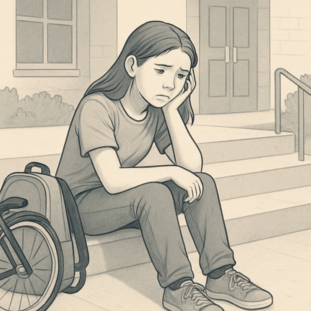 A concerned teenage girl sitting alone on school steps, symbolizing the struggles of school transfers and mental health challenges. Teen girl sitting on school steps, reflecting on education and mental health concerns.