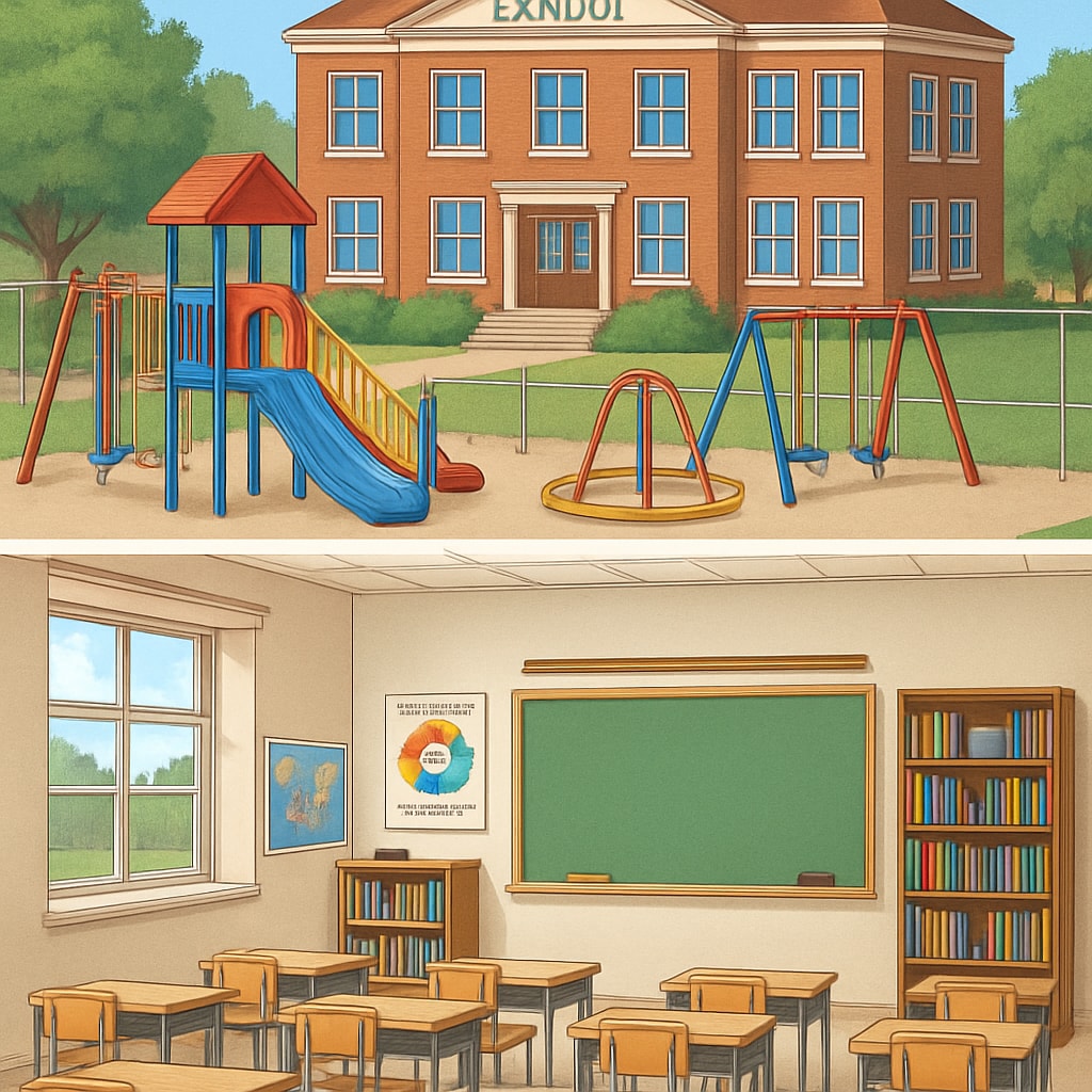 An elementary school with a well-maintained playground and vibrant classrooms, showcasing a conducive learning environment. Elementary school with maintained playground and vibrant classrooms.
