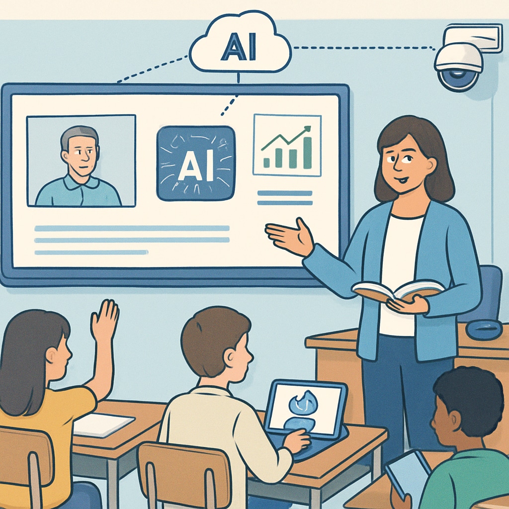 An AI-driven classroom setup with a teacher interacting with students while AI tools operate in the background. AI in the classroom assisting with administrative tasks while teachers focus on students.