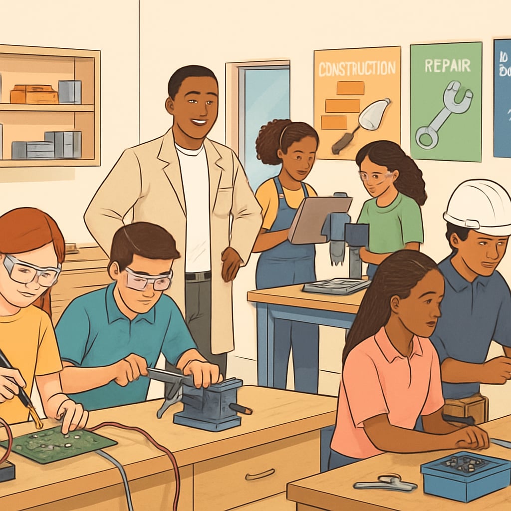 A classroom filled with students engaged in a vocational training workshop, showcasing alternative career paths beyond GCSE results. Students in a vocational training workshop