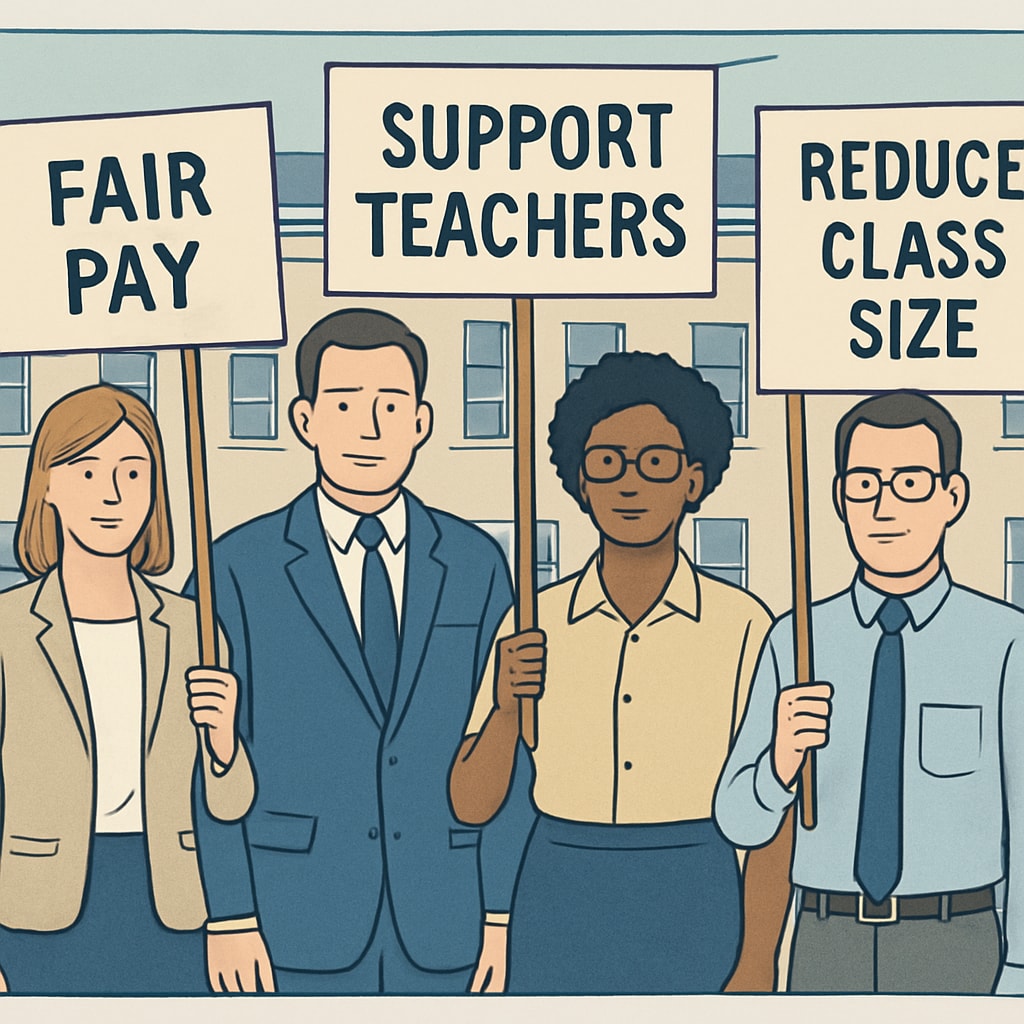 A group of teachers standing in solidarity outside a school building, holding signs advocating for improved working conditions. Teachers advocating for their rights, holding signs, symbolic of Teacherless Tuesday.