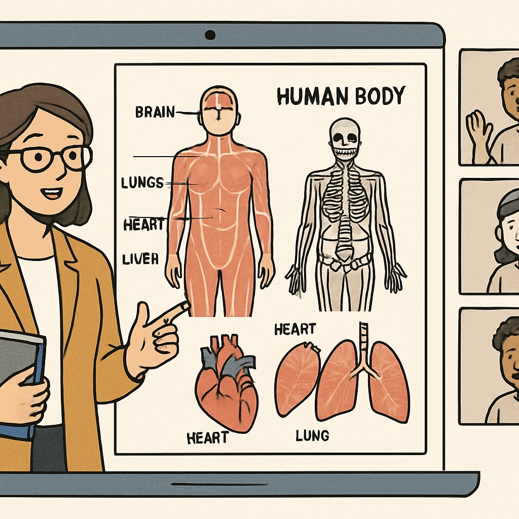 A teacher using an interactive online course to explain basic human anatomy to K12 students. Teacher explaining human anatomy through an online course for K12 students.