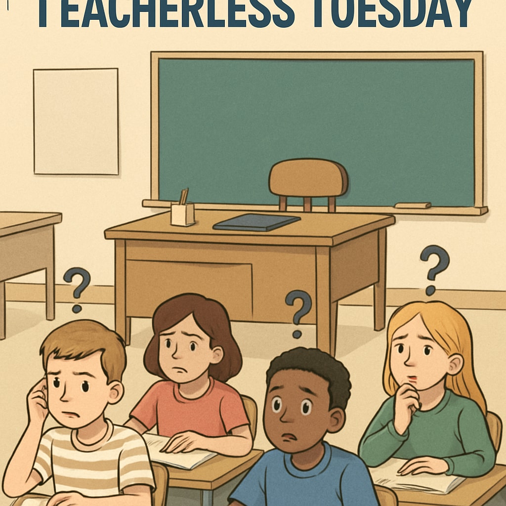 A classroom with empty teacher desks and puzzled students, symbolizing the impact of Teacherless Tuesday. Empty teacher desks in a classroom, representing the concept of Teacherless Tuesday.