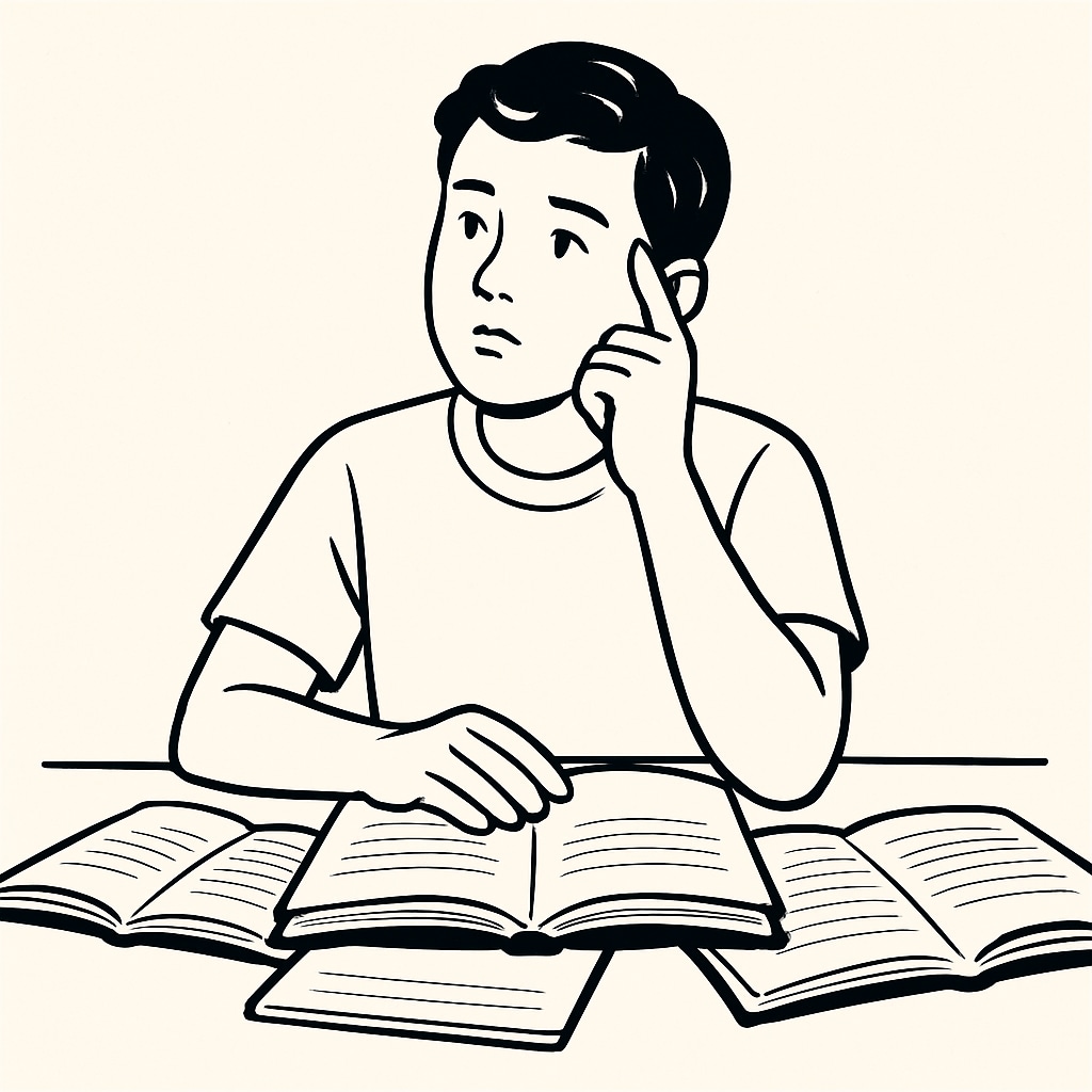 A student sitting at a desk with books, looking thoughtful and reflective. Student reflecting on GCSE results, academic anxiety, and future prospects.