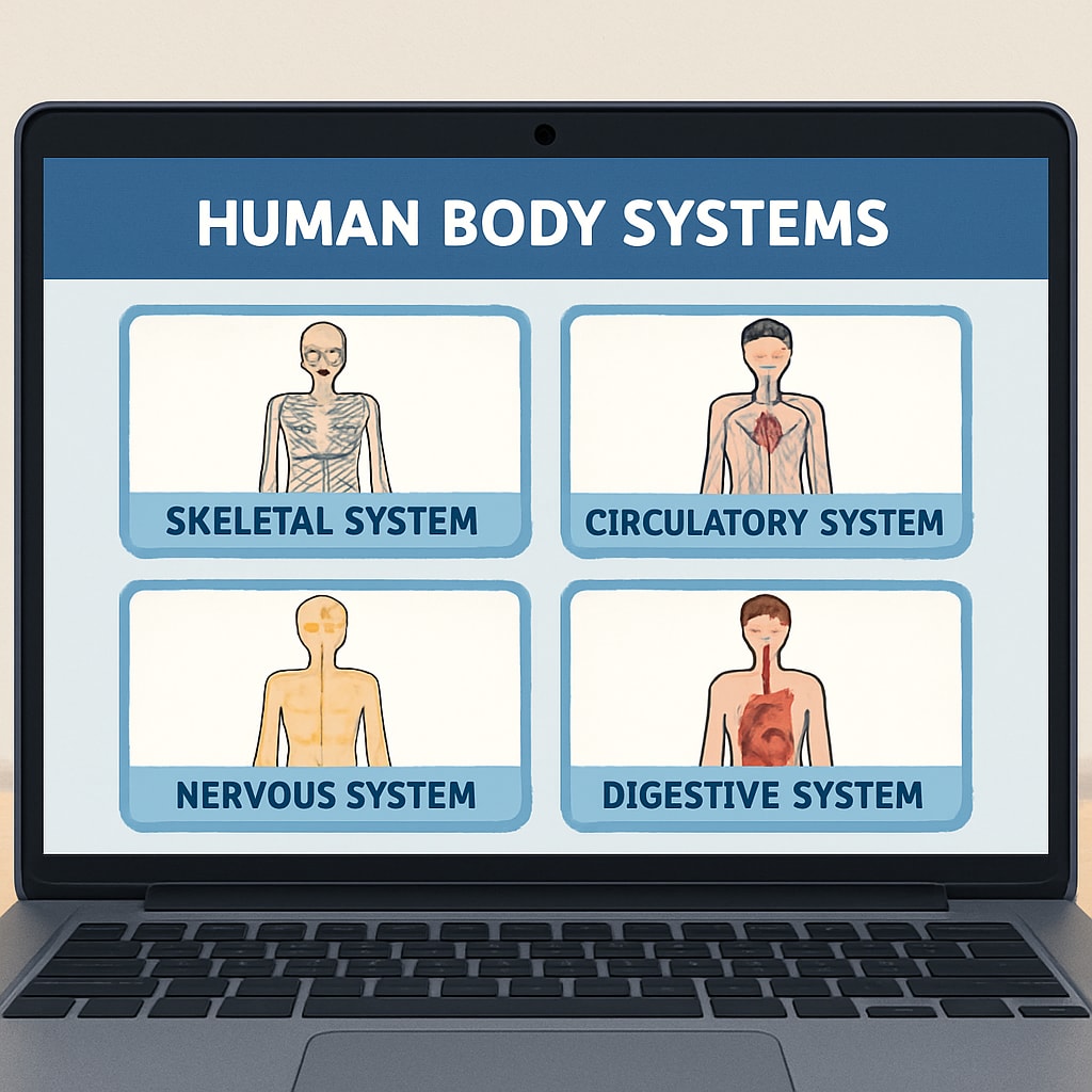 Example of an interactive module on a laptop screen, showcasing human body systems designed for K12 learners. Interactive module displaying human body systems for K12 education.