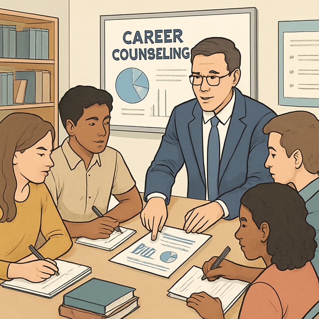 A group of students engaging in a career counseling session with a mentor, discussing future options. Students discussing future prospects and career planning after GCSE results.