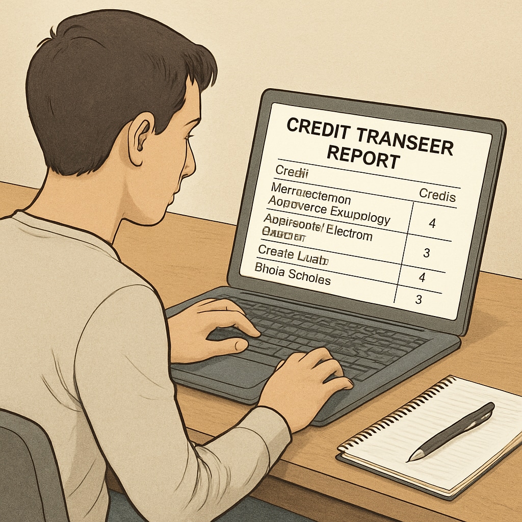 A student reviewing a credit transfer report on a laptop, focused on automotive-related coursework. Image of a student analyzing credit transfer options for automotive technology-related courses.
