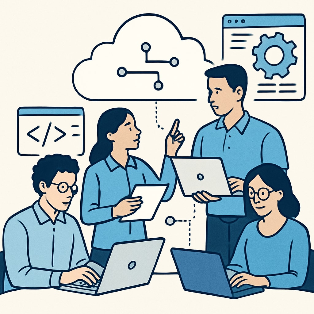 A futuristic depiction of IT professionals working on cloud computing technologies, showcasing collaboration and innovation in the tech industry. IT professionals collaborating on cloud computing projects