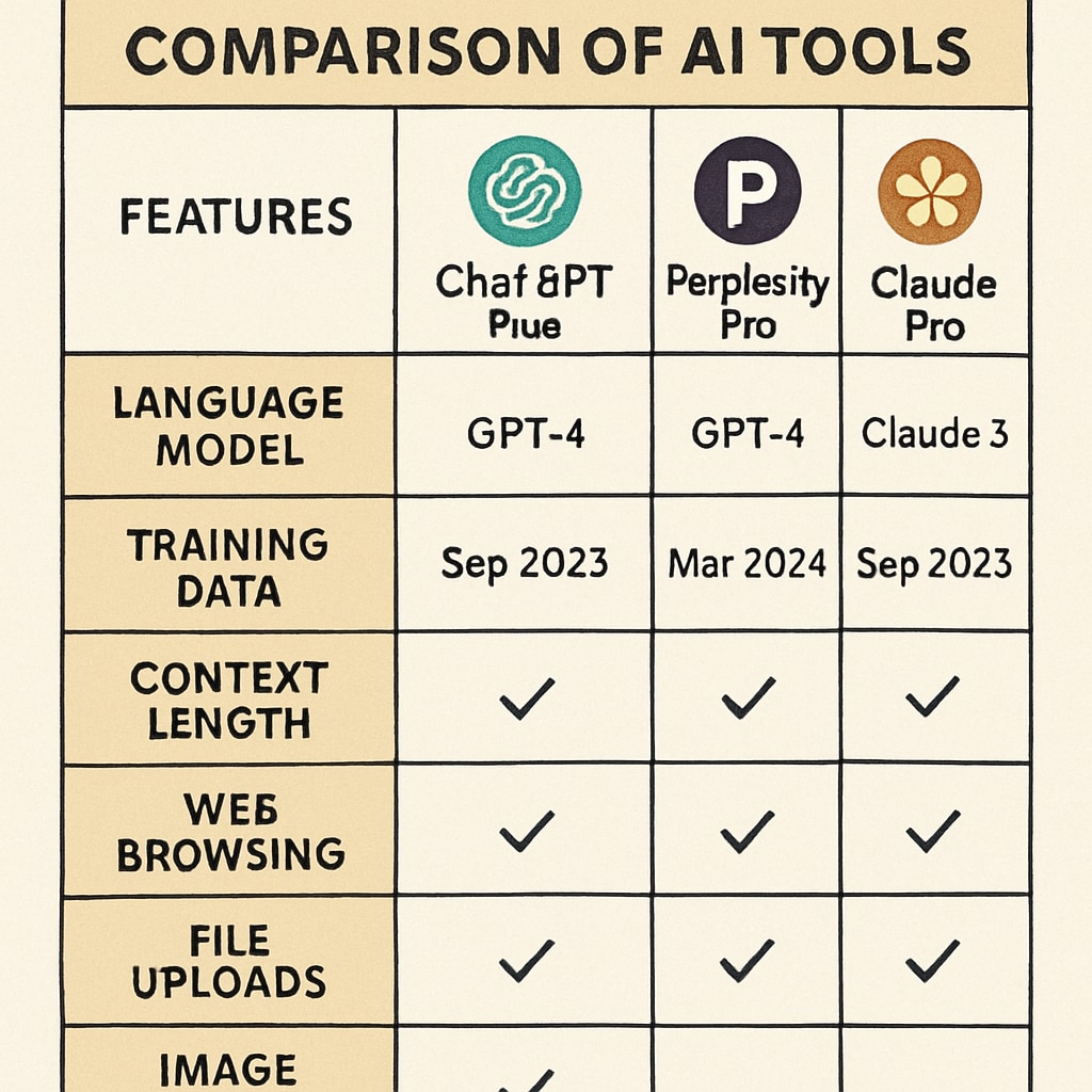A side-by-side comparison chart showcasing the features and strengths of AI tools like ChatGPT Plus, Perplexity Pro, and Claude Pro. A visual comparison of AI tools for academic learning, highlighting their strengths.