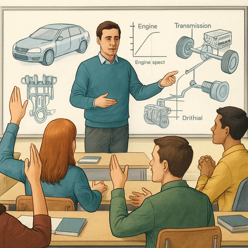 A classroom setting where students are discussing automotive engineering concepts, with visual aids displayed. Classroom session on automotive engineering with students collaborating on technical projects.