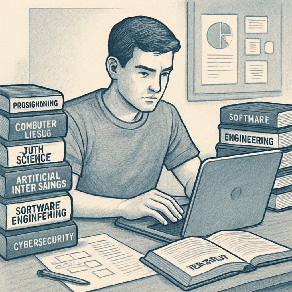 A college student exploring career paths through a laptop surrounded by tech-related books, symbolizing decision-making for technical majors. College student planning their career in IT and technology fields