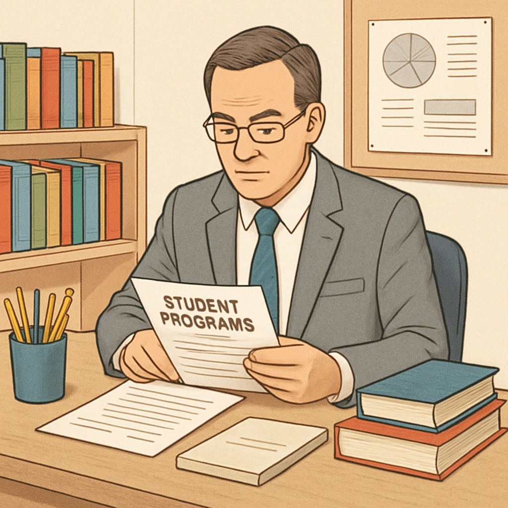 A school administrator working at their desk, reviewing documents related to student programs. School administrator reviewing documents for non-teaching education jobs